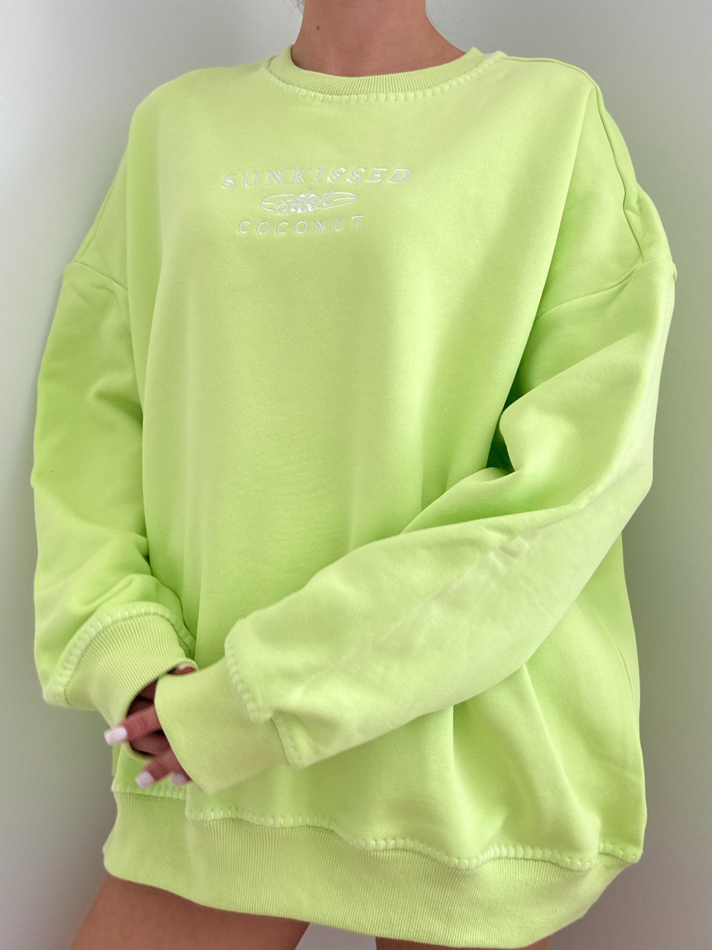 Light Lime Green Stitched Sunkissedcoconut Logo Sweatshirt 100% Cotton