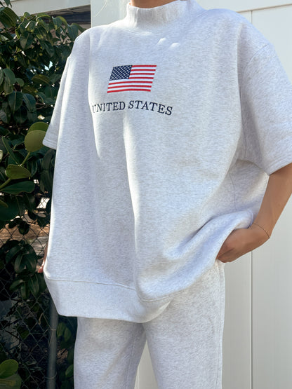 United States Flag Embroider Mockneck Short Sleeve Sweatshirt
