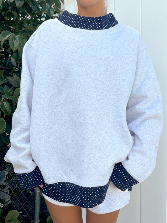 Pearl Grey Navy Blue Polka Dot Mockneck Sweatshirt