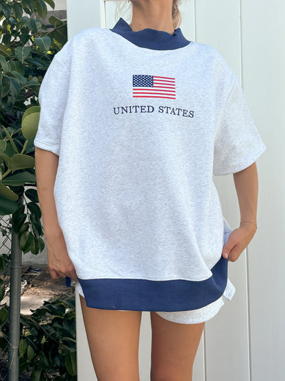 United States Flag Embroider Mockneck Short Sleeve Sweatshirt
