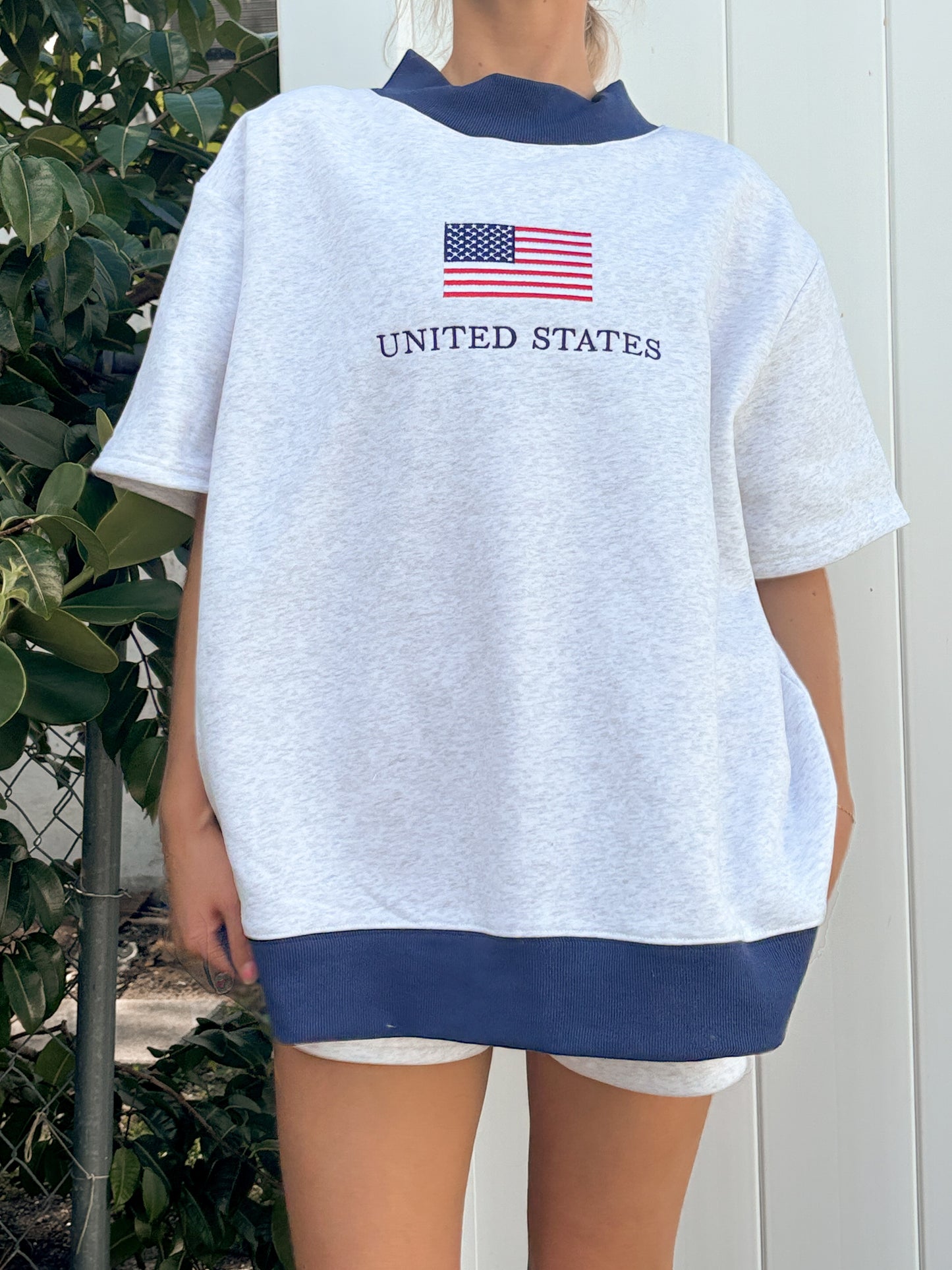 United States Flag Embroider Mockneck Short Sleeve Sweatshirt