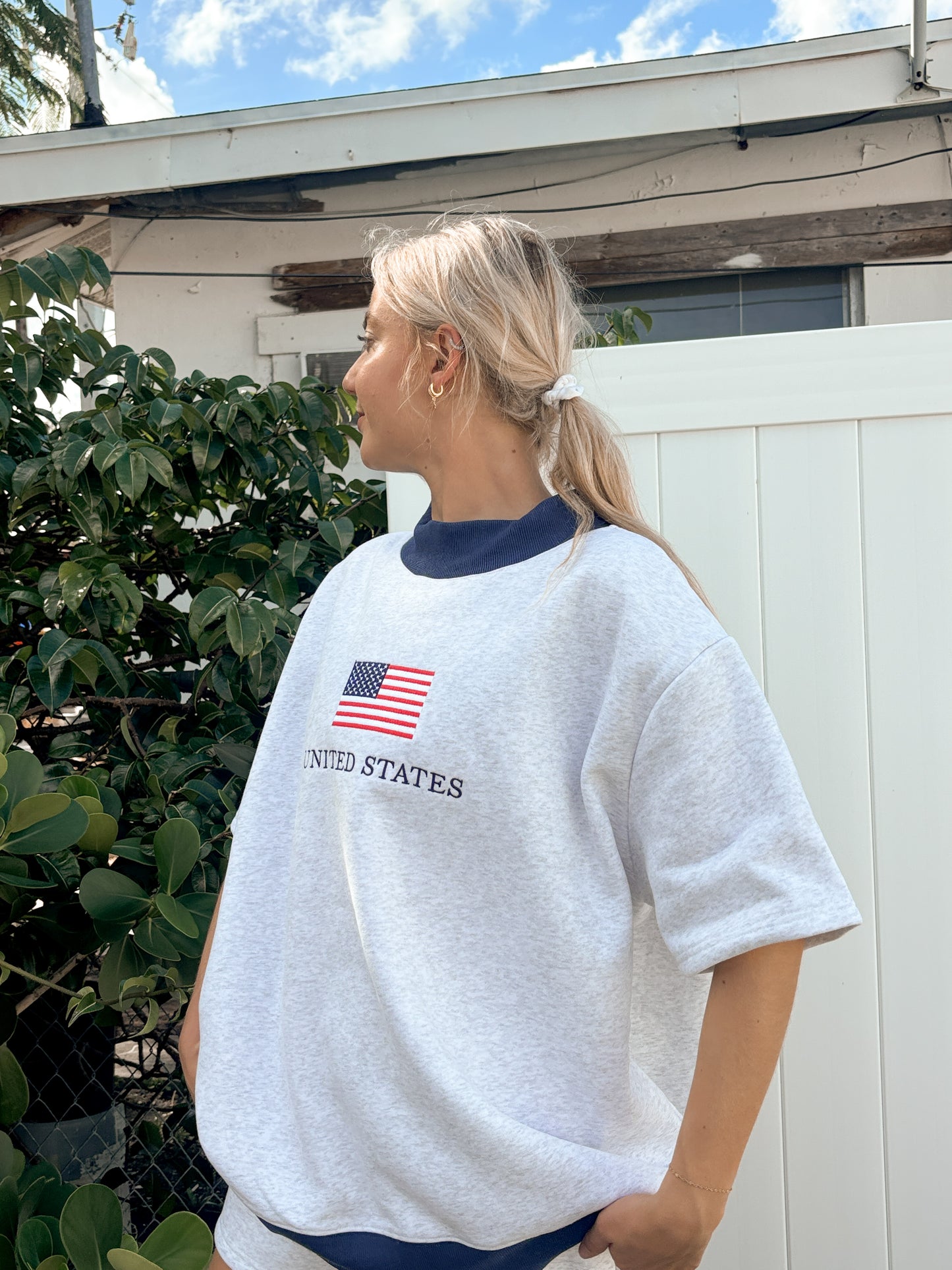 United States Flag Embroider Mockneck Short Sleeve Sweatshirt