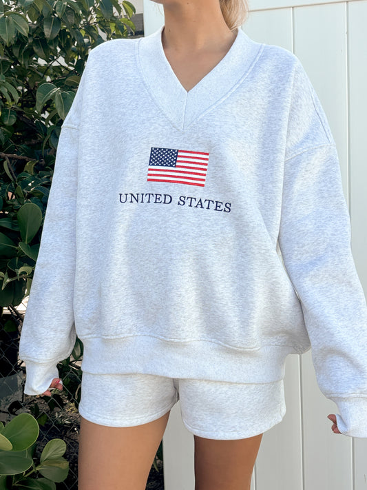 Pearl Grey United States Flag Embroider V-Neck Sweatshirt