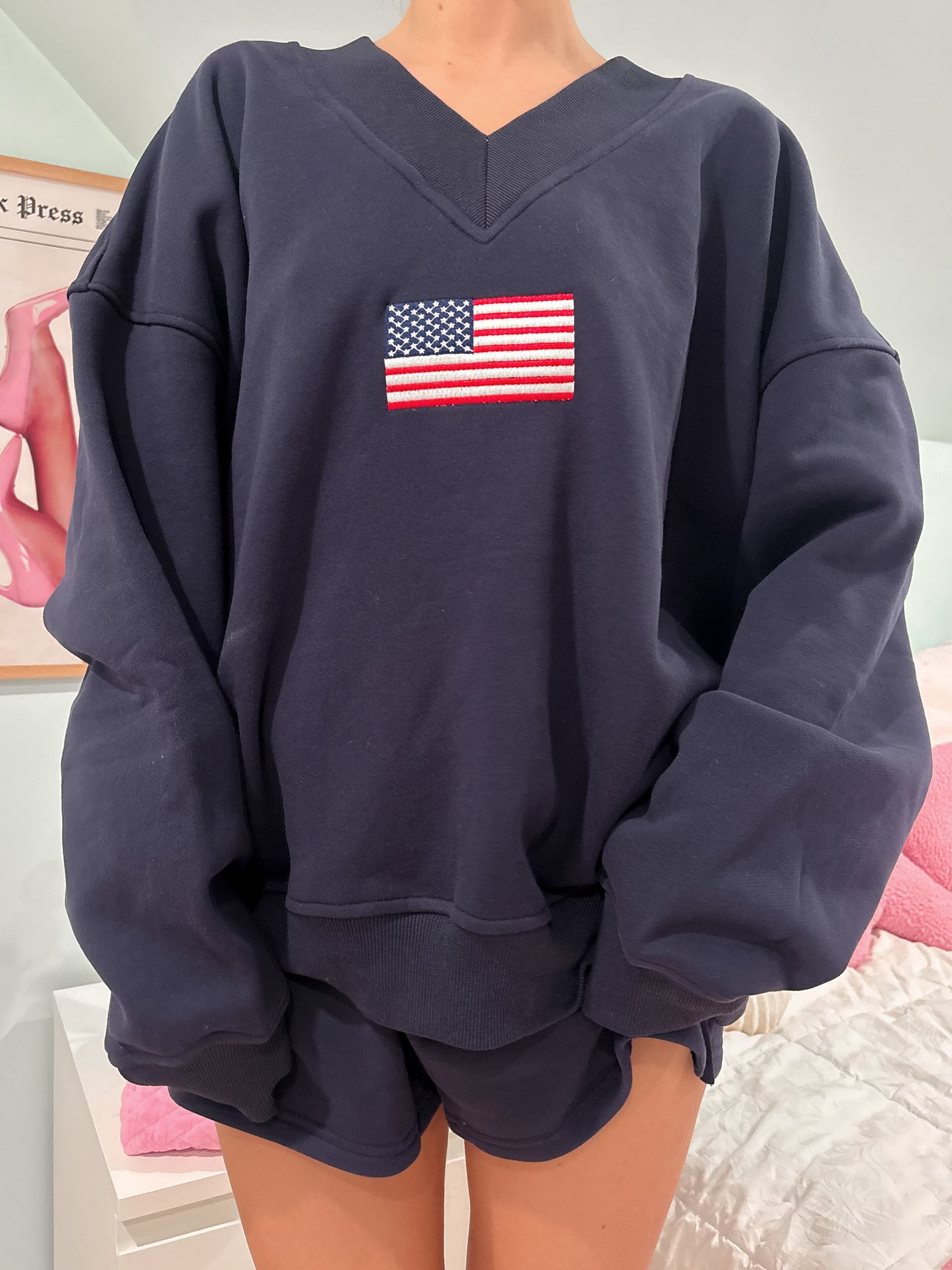 Navy Blue American Flag Embroider V-Neck Sweatshirt