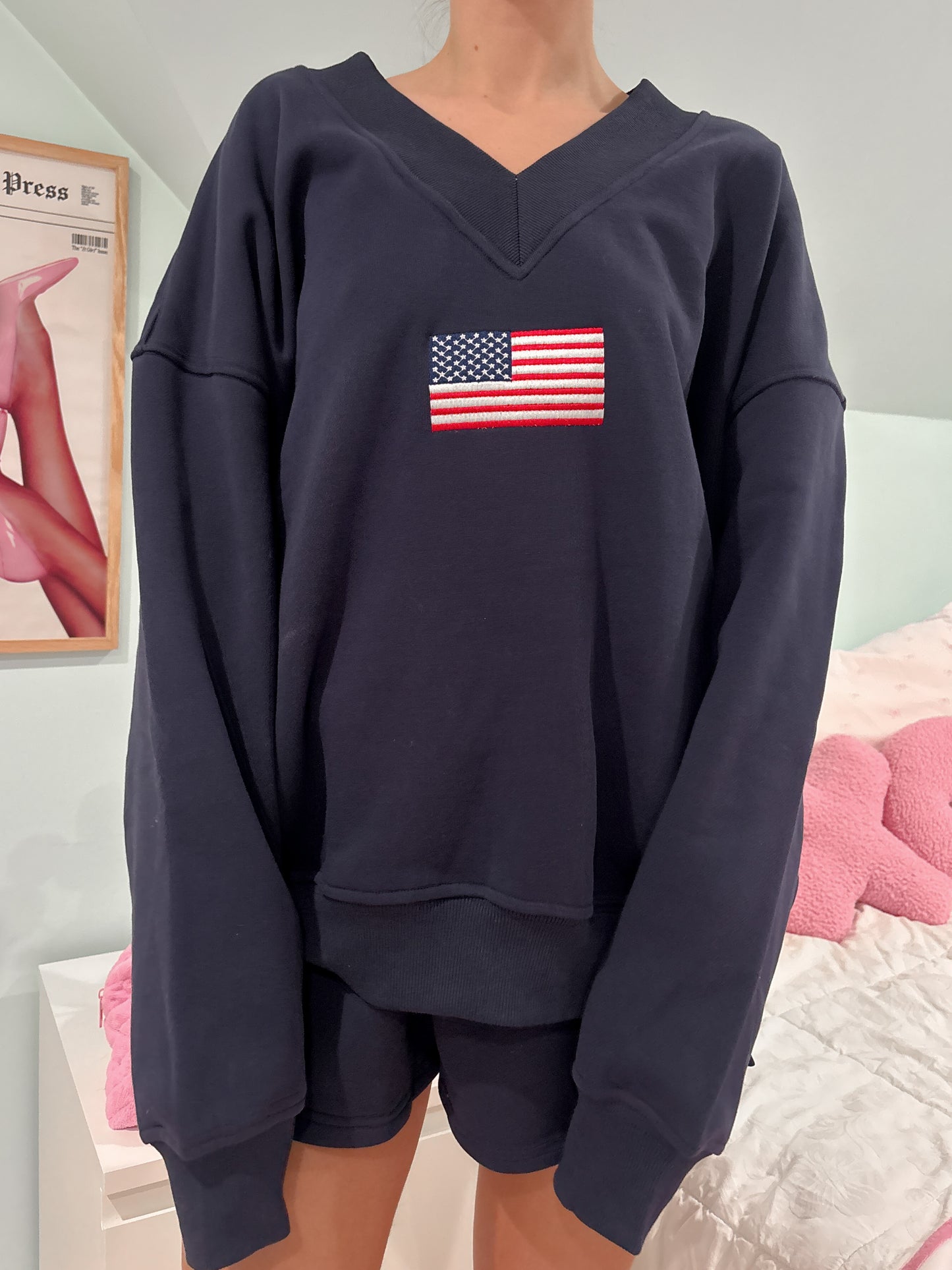 Navy Blue American Flag Embroider V-Neck Sweatshirt