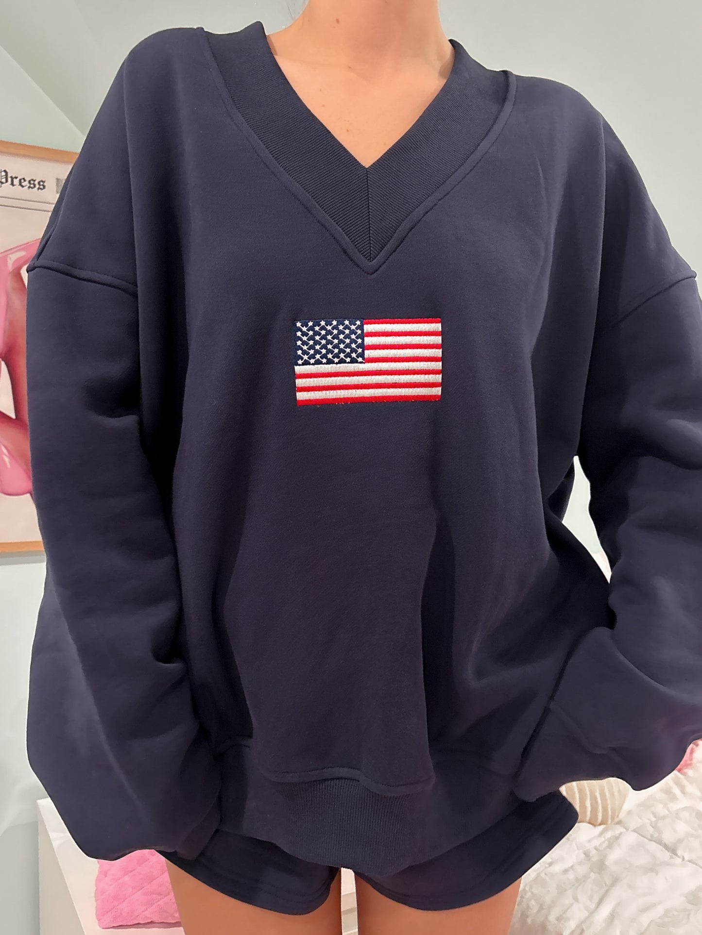 Navy Blue American Flag Embroider V-Neck Sweatshirt