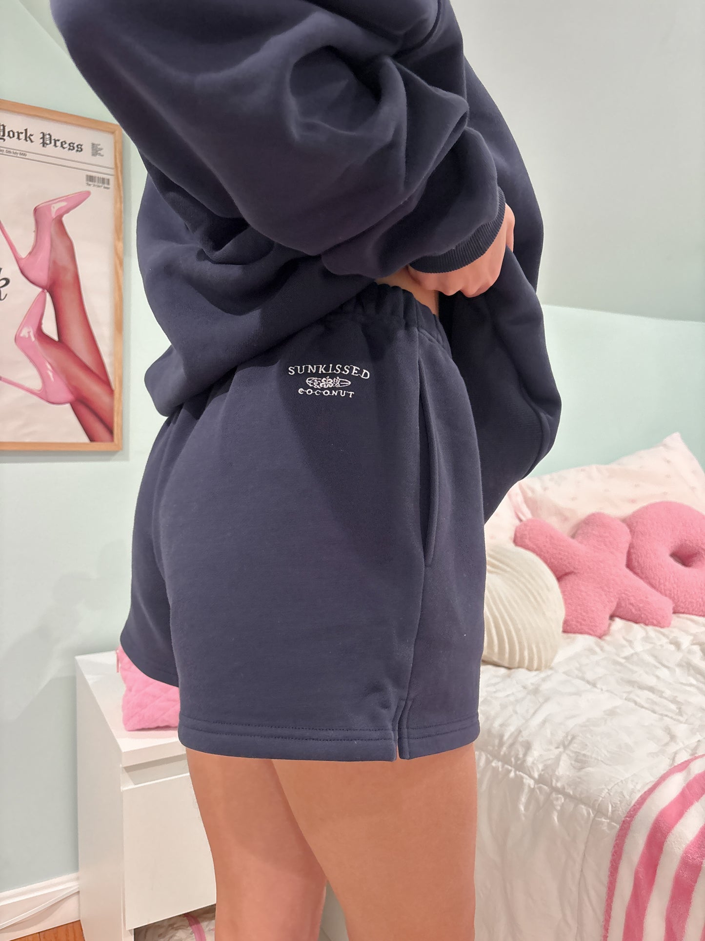 Navy Blue Embroidered Sweat Shorts 100% Cotton