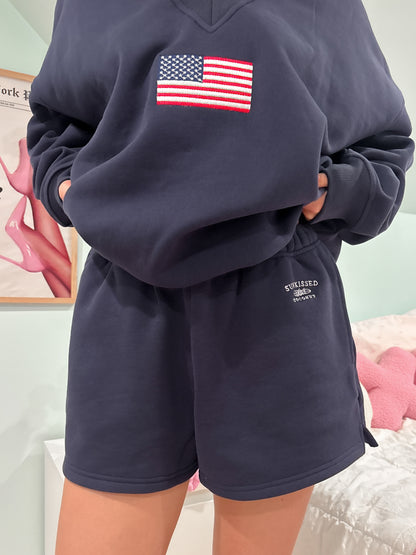 Navy Blue Embroidered Sweat Shorts 100% Cotton