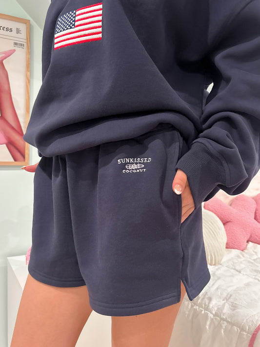 Navy Blue Embroidered Sweat Shorts 100% Cotton