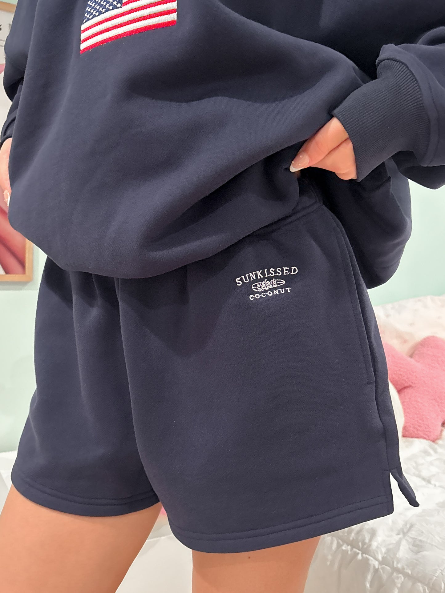 Navy Blue Embroidered Sweat Shorts 100% Cotton