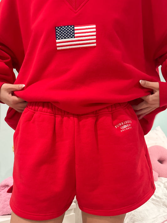 Red Embroidered Sweat Shorts 100% Cotton
