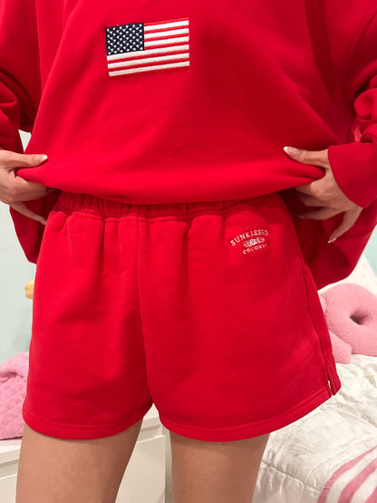 Red Embroidered Sweat Shorts 100% Cotton