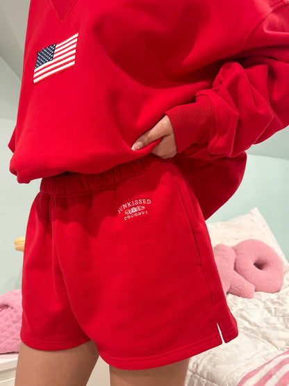 Red Embroidered Sweat Shorts 100% Cotton