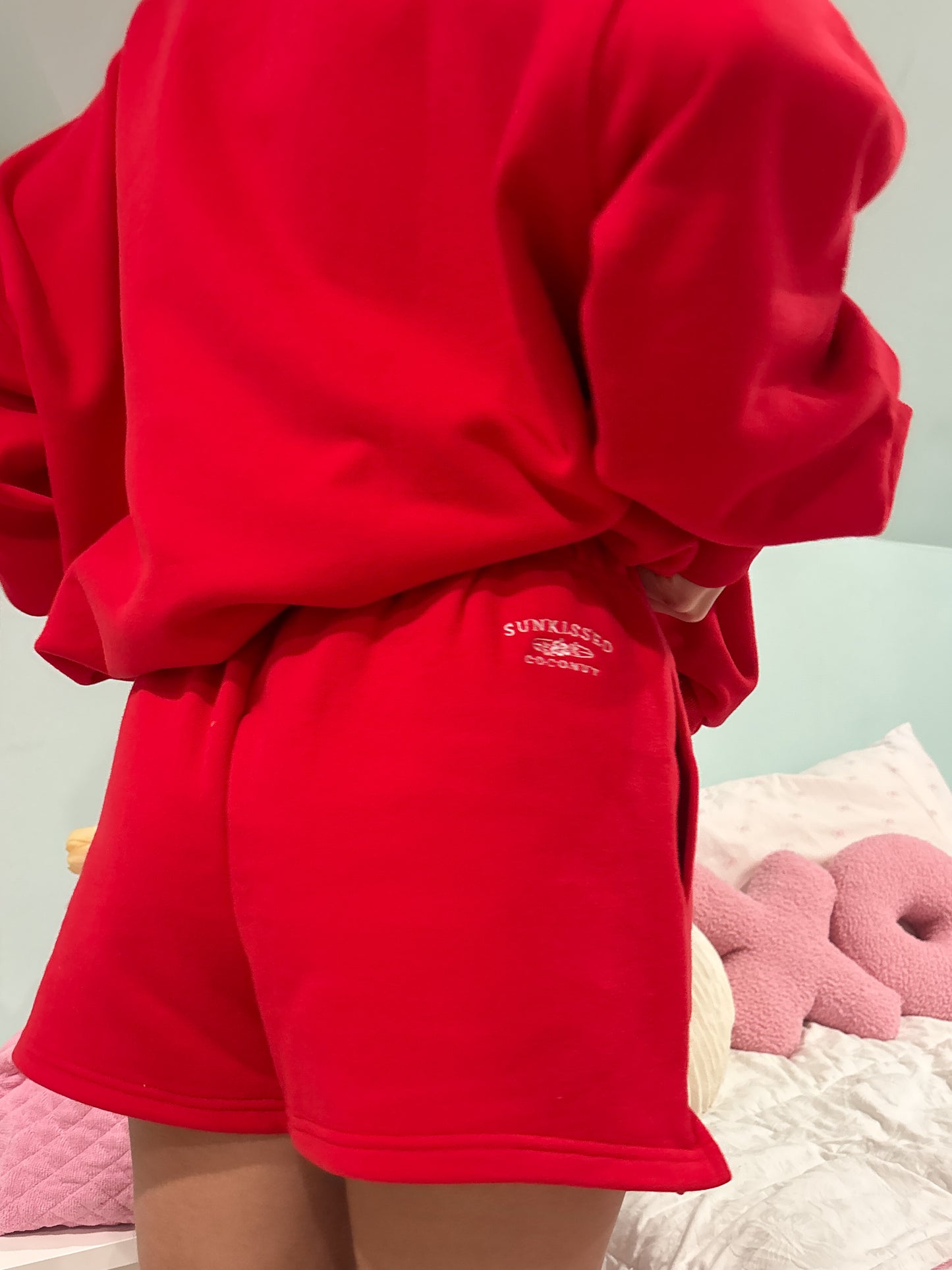 Red Embroidered Sweat Shorts 100% Cotton
