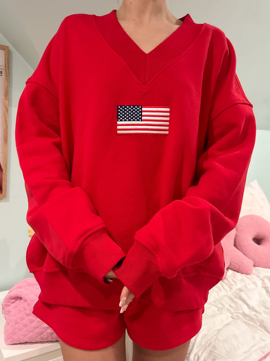 Red American Flag Embroider V-Neck Sweatshirt