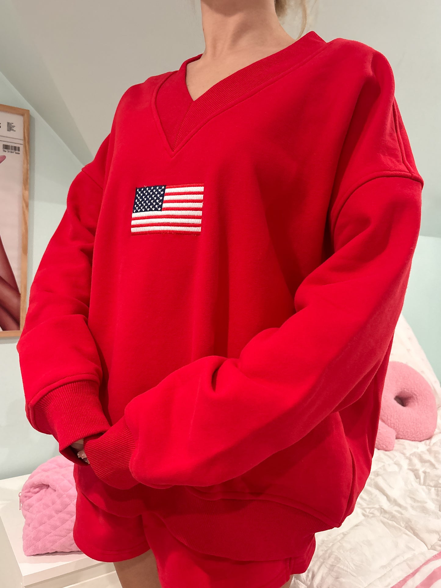 Red American Flag Embroider V-Neck Sweatshirt