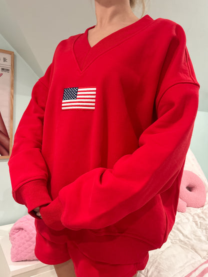 Red American Flag Embroider V-Neck Sweatshirt