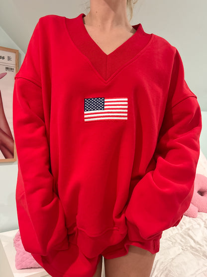 Red American Flag Embroider V-Neck Sweatshirt