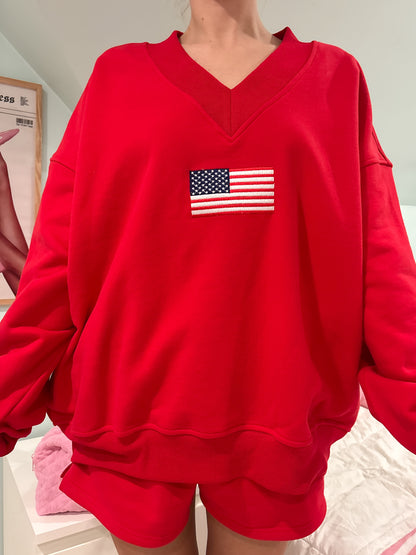 Red American Flag Embroider V-Neck Sweatshirt