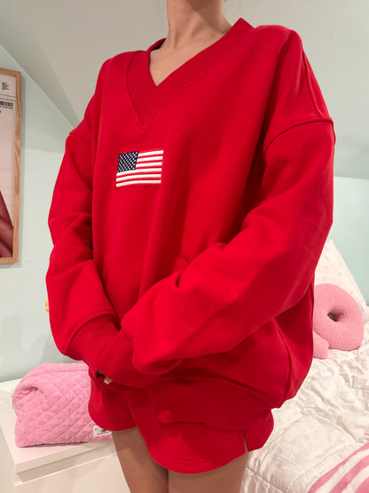 Red American Flag Embroider V-Neck Sweatshirt