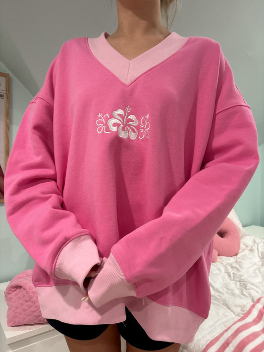 Pink And Light Pink Embroider Hibiscus Flower V-Neck Sweatshirt