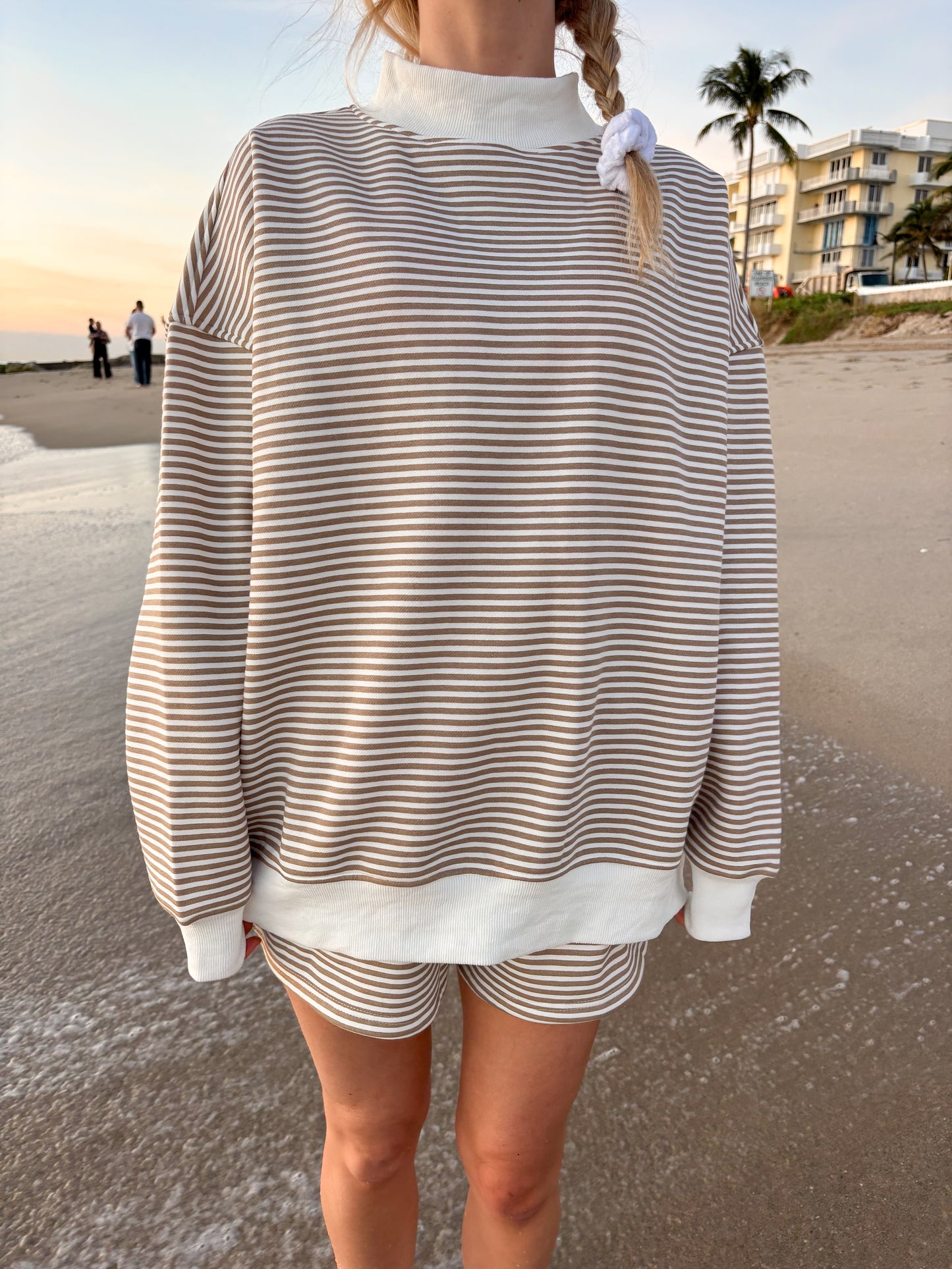 Brown and White Big Striped Mockneck Sweatshirt
