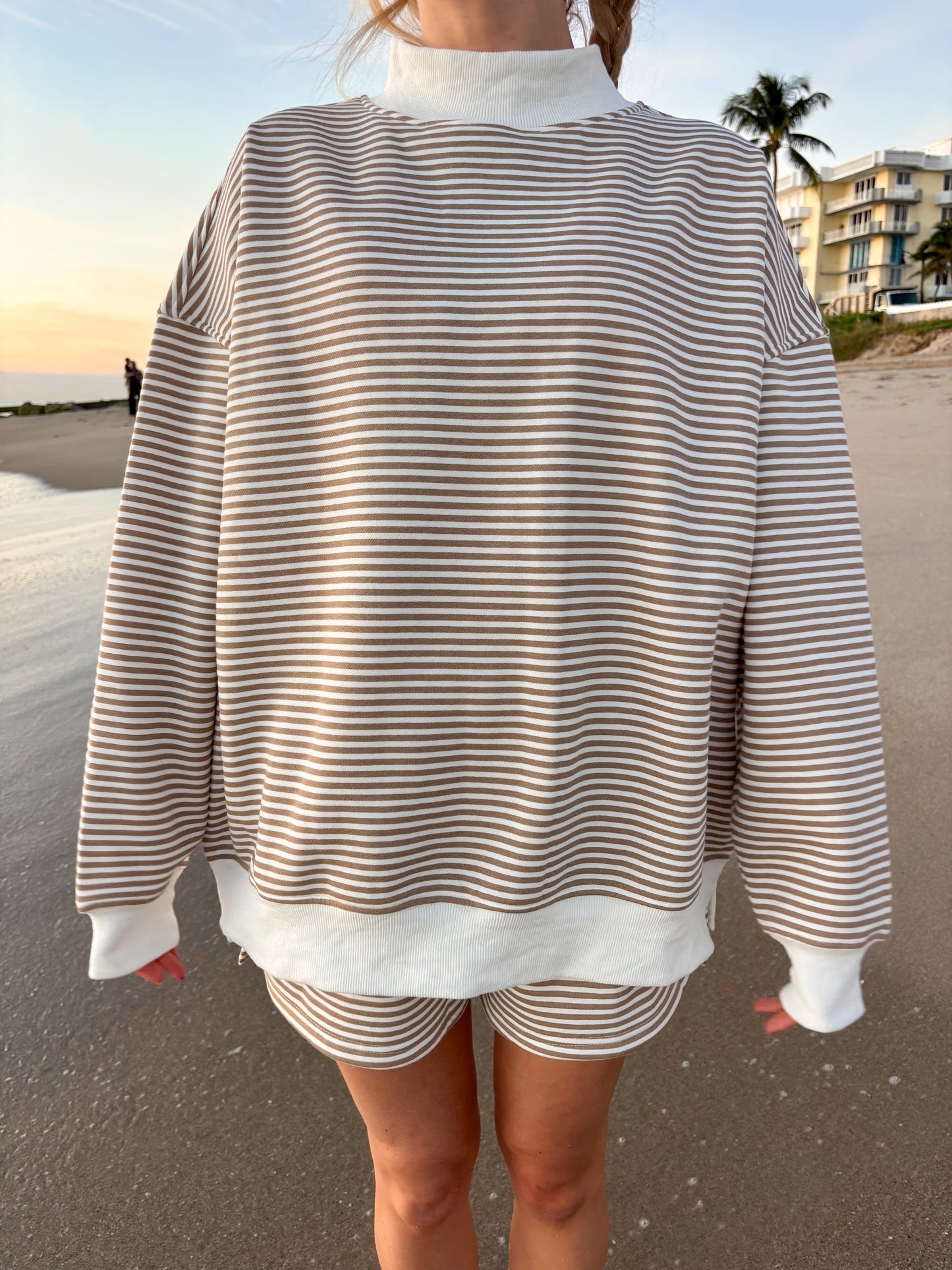 Brown and White Big Striped Mockneck Sweatshirt