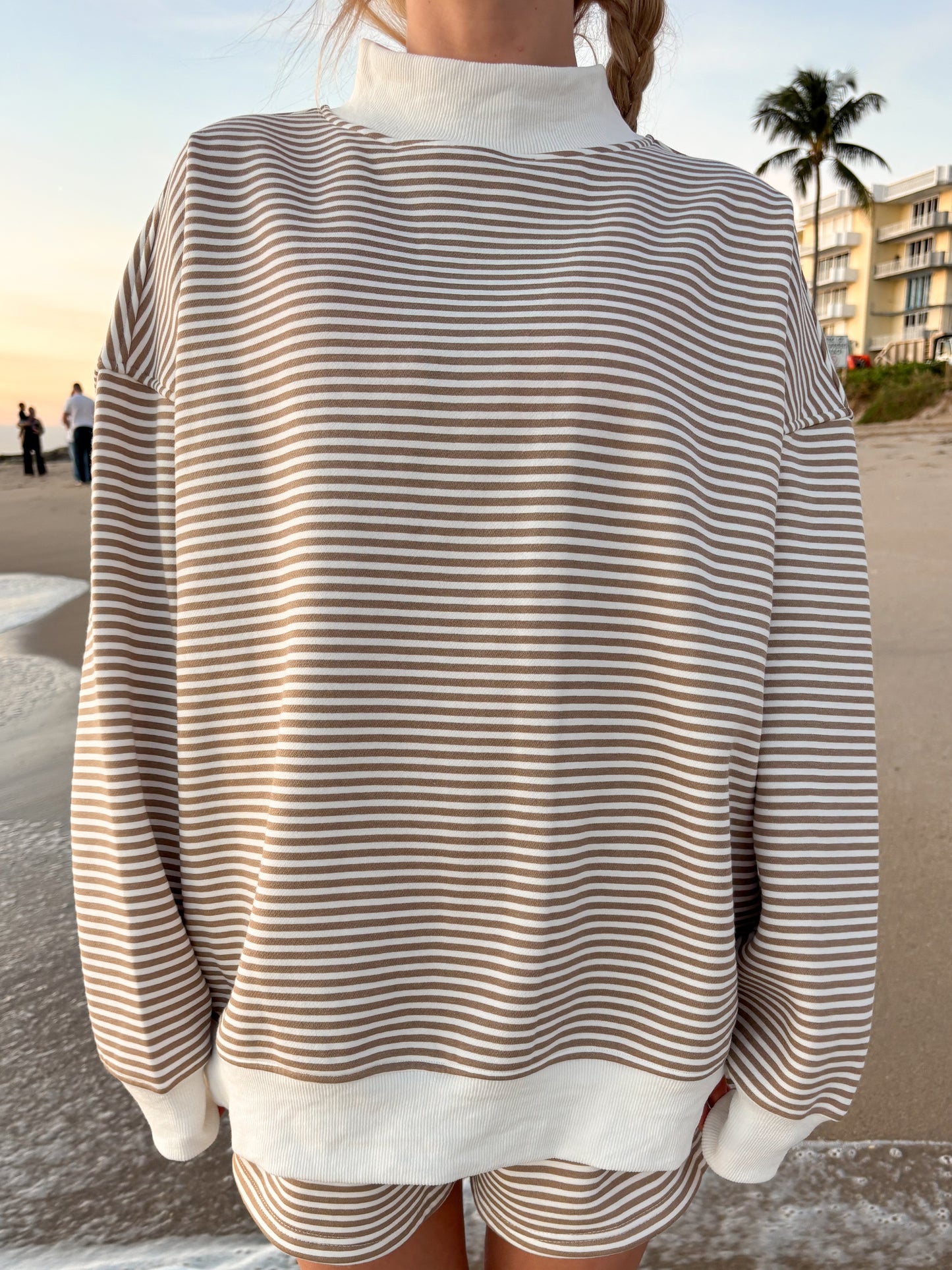 Brown and White Big Striped Mockneck Sweatshirt