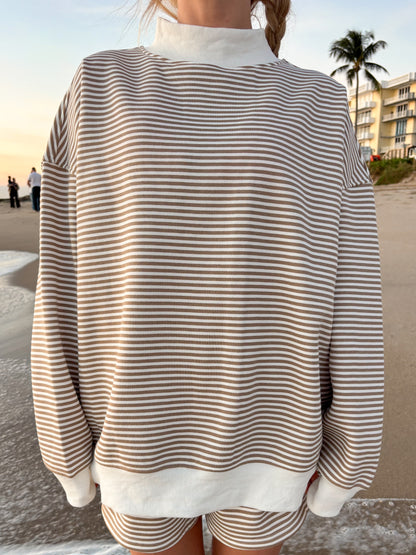 Brown and White Big Striped Mockneck Sweatshirt