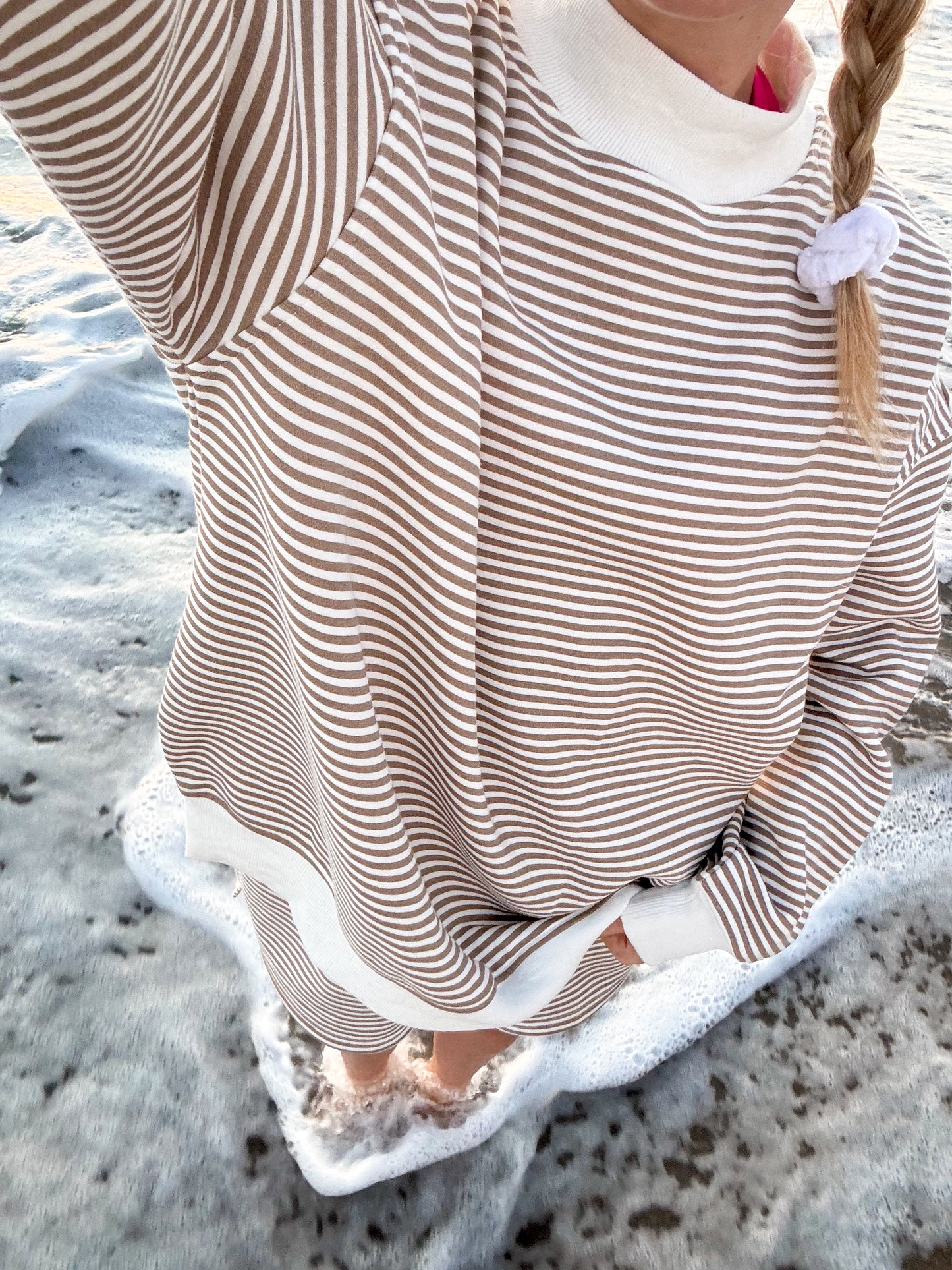 Brown and White Big Striped Mockneck Sweatshirt