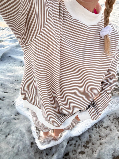 Brown and White Big Striped Mockneck Sweatshirt