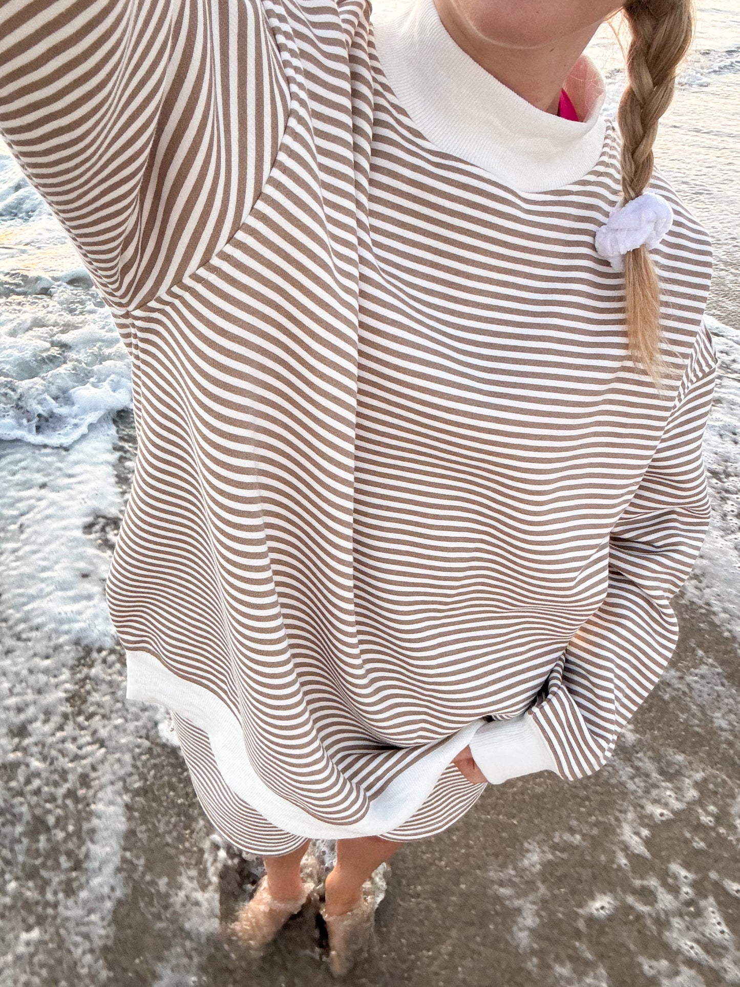 Brown and White Big Striped Mockneck Sweatshirt