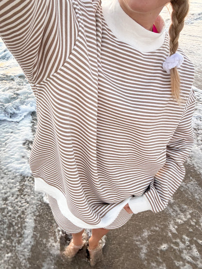 Brown and White Big Striped Mockneck Sweatshirt