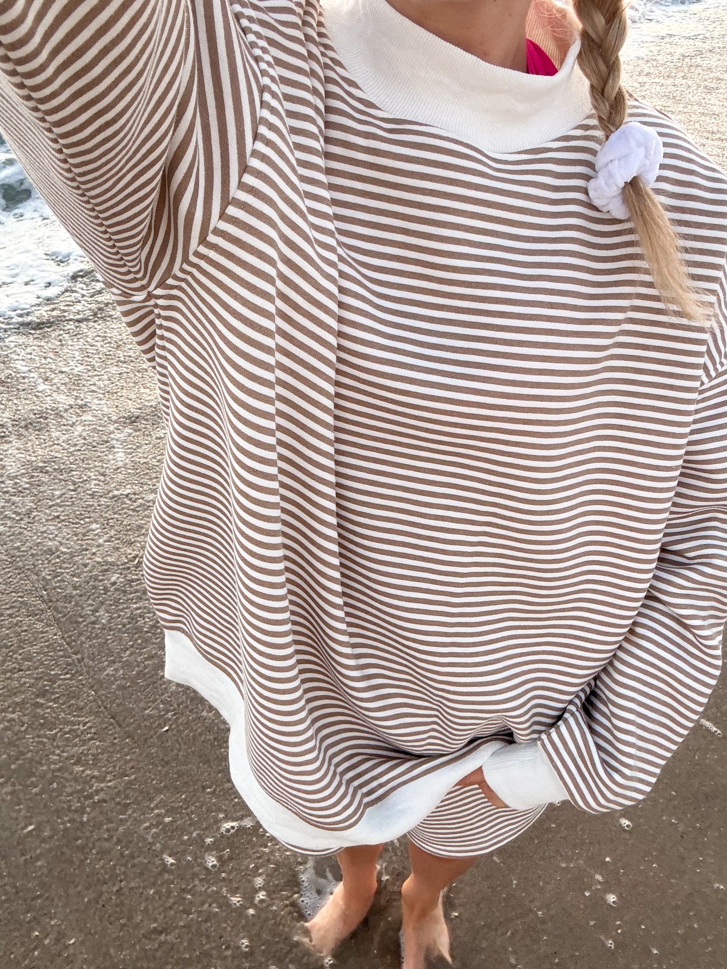 Brown and White Big Striped Mockneck Sweatshirt
