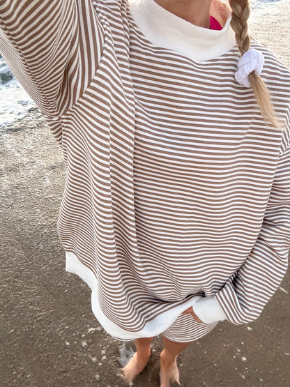 Brown and White Big Striped Mockneck Sweatshirt