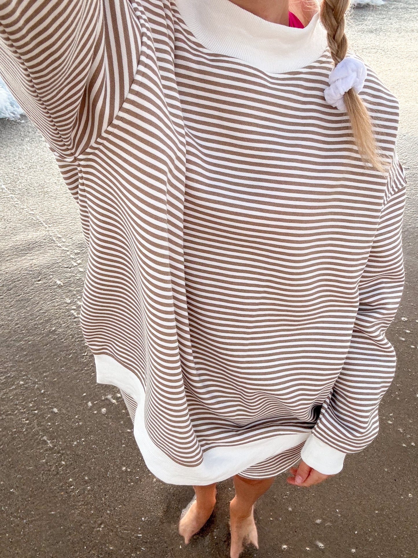 Brown and White Big Striped Mockneck Sweatshirt