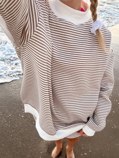 Brown and White Big Striped Mockneck Sweatshirt