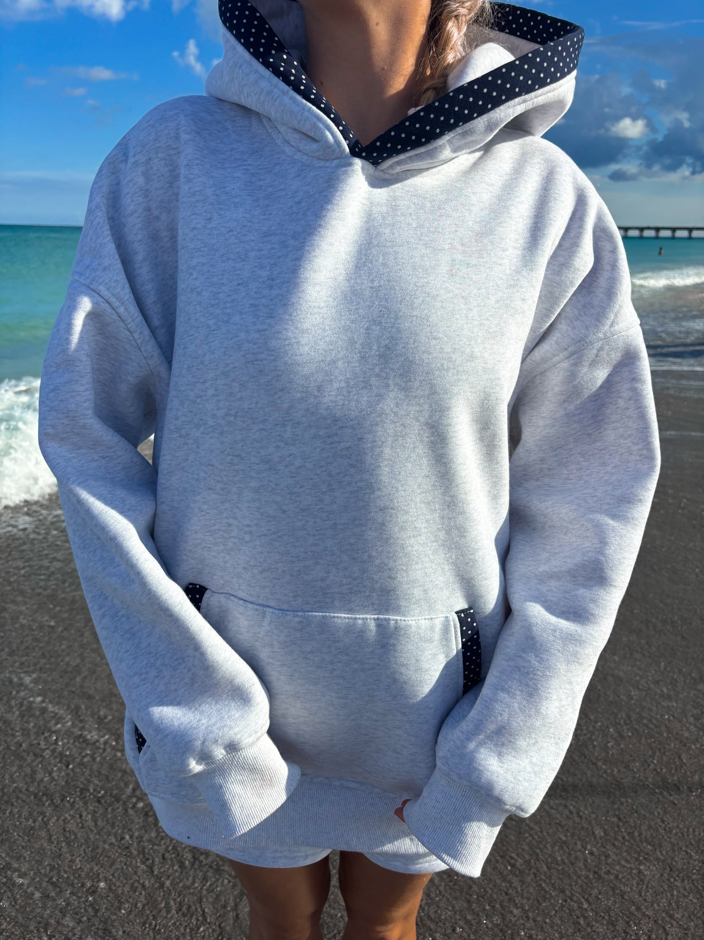 Pearl Grey Navy Blue Polka Dot Hoodie