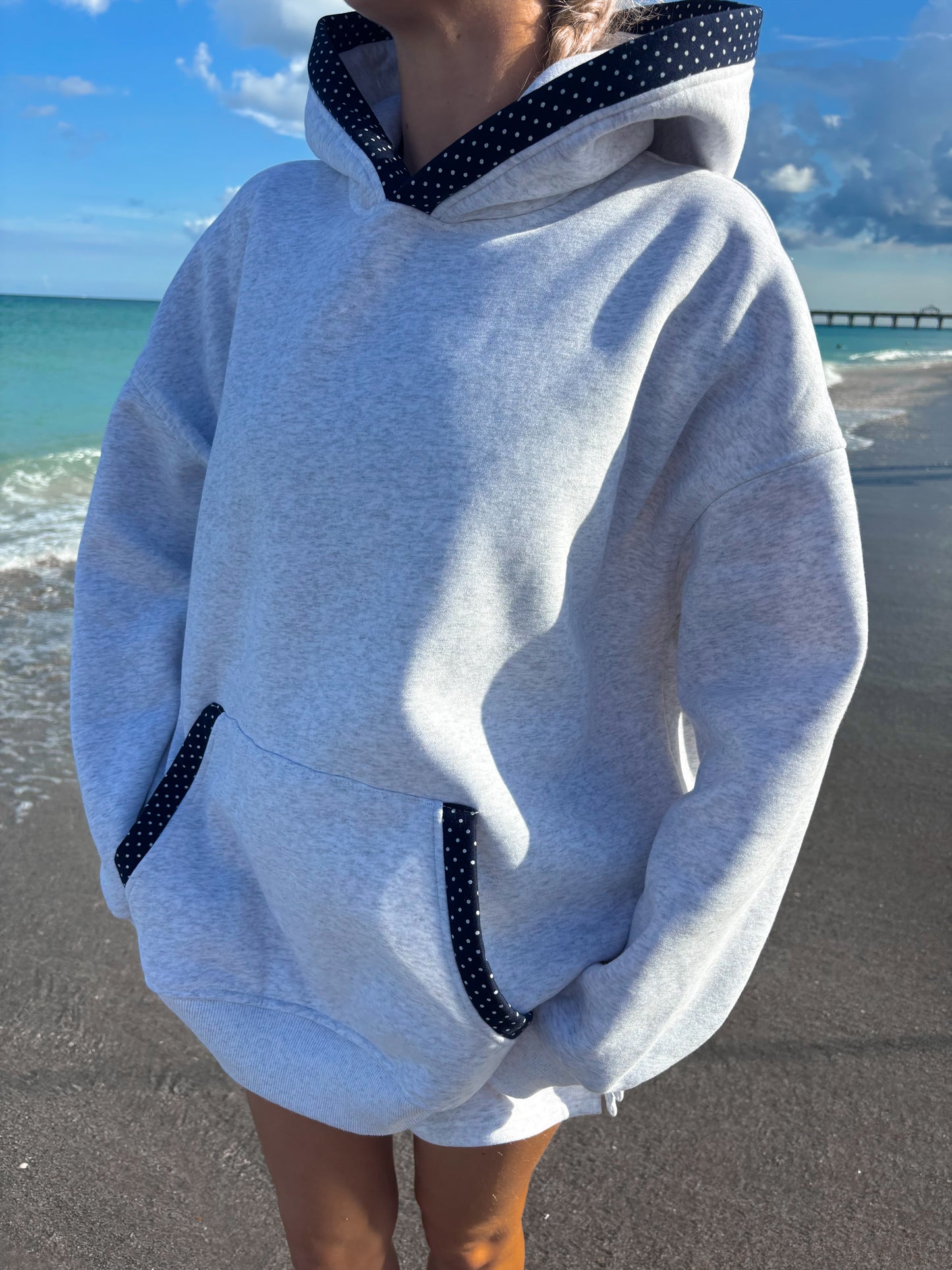 Pearl Grey Navy Blue Polka Dot Hoodie