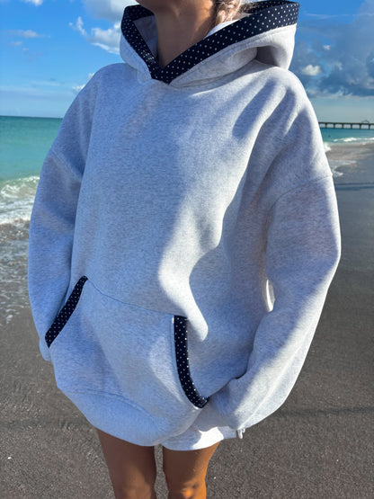 Pearl Grey Navy Blue Polka Dot Hoodie