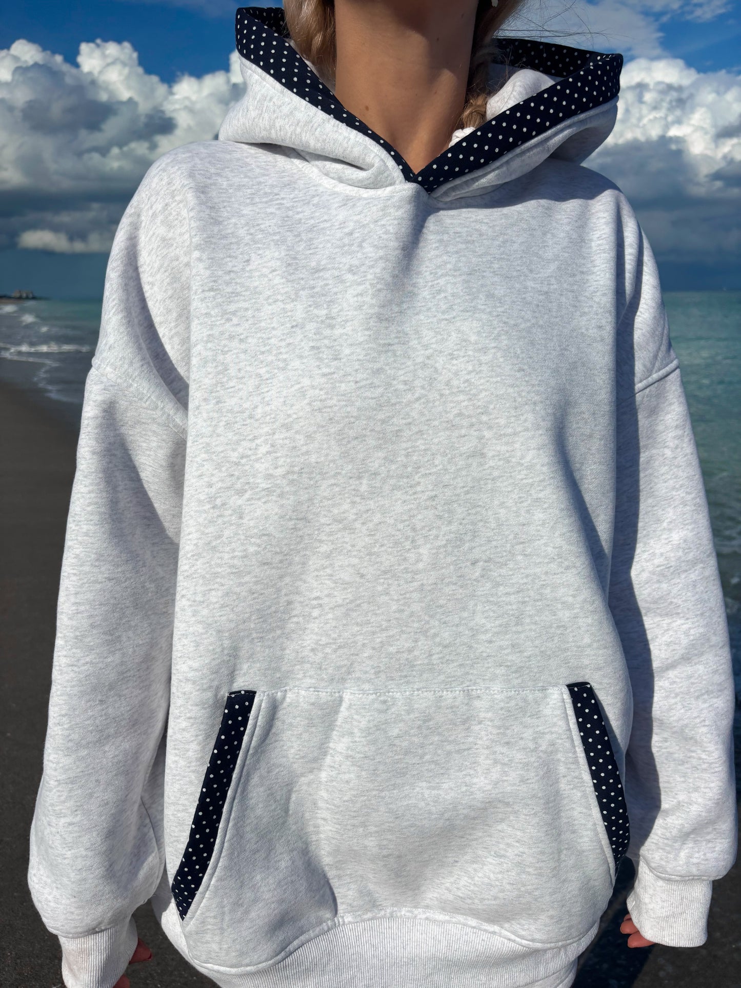 Pearl Grey Navy Blue Polka Dot Hoodie