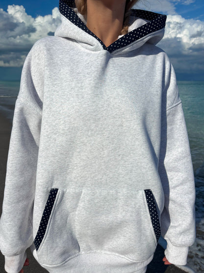 Pearl Grey Navy Blue Polka Dot Hoodie