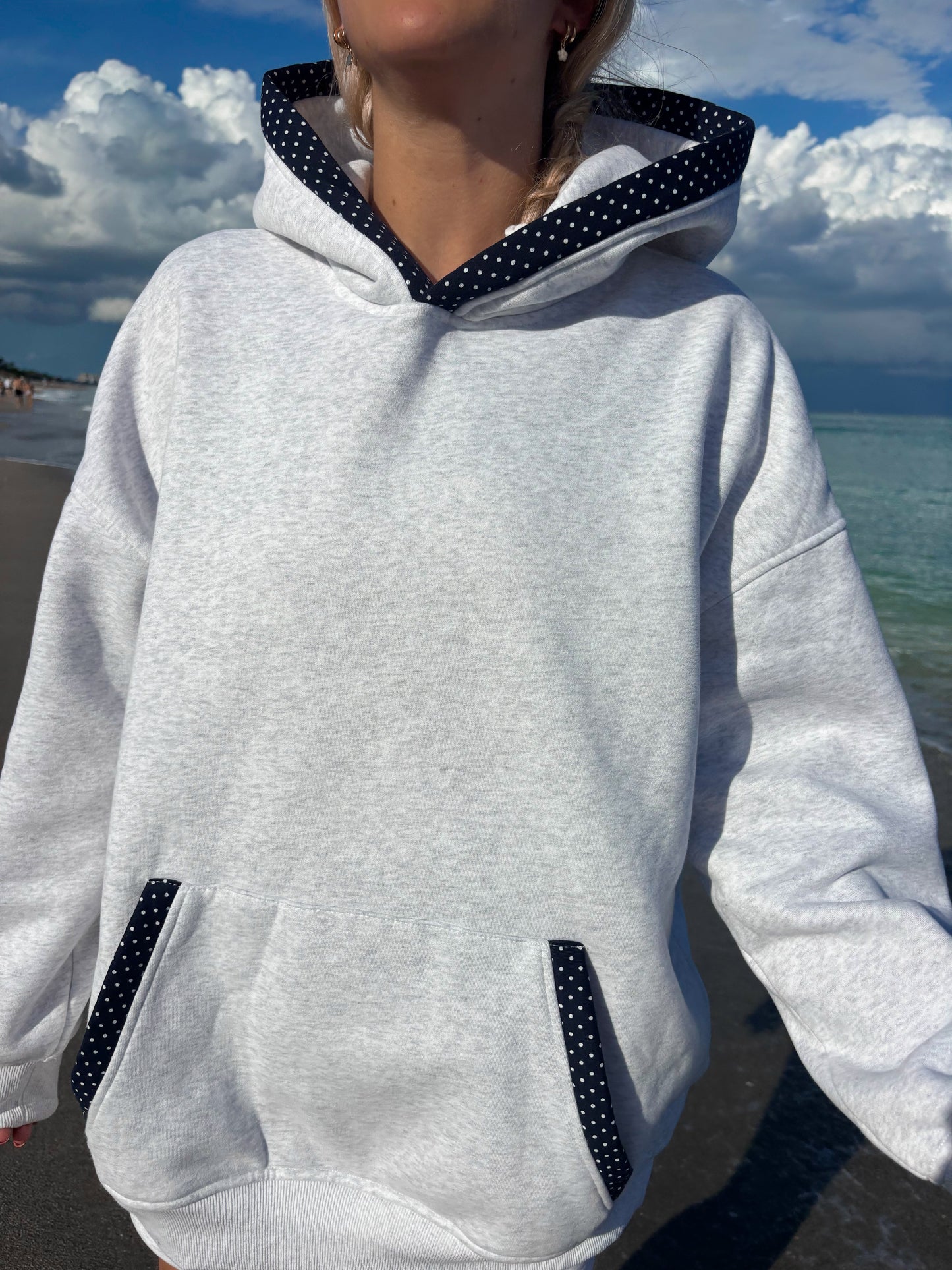 Pearl Grey Navy Blue Polka Dot Hoodie
