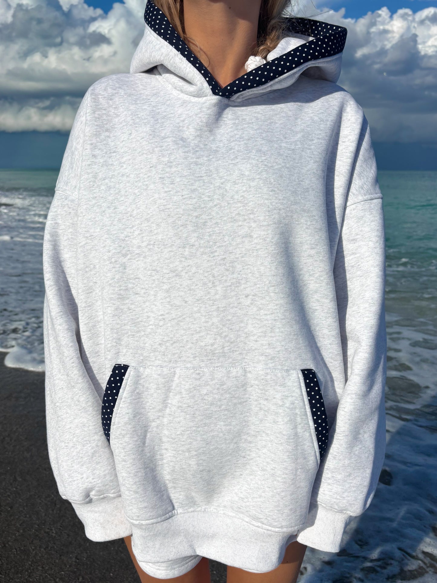 Pearl Grey Navy Blue Polka Dot Hoodie
