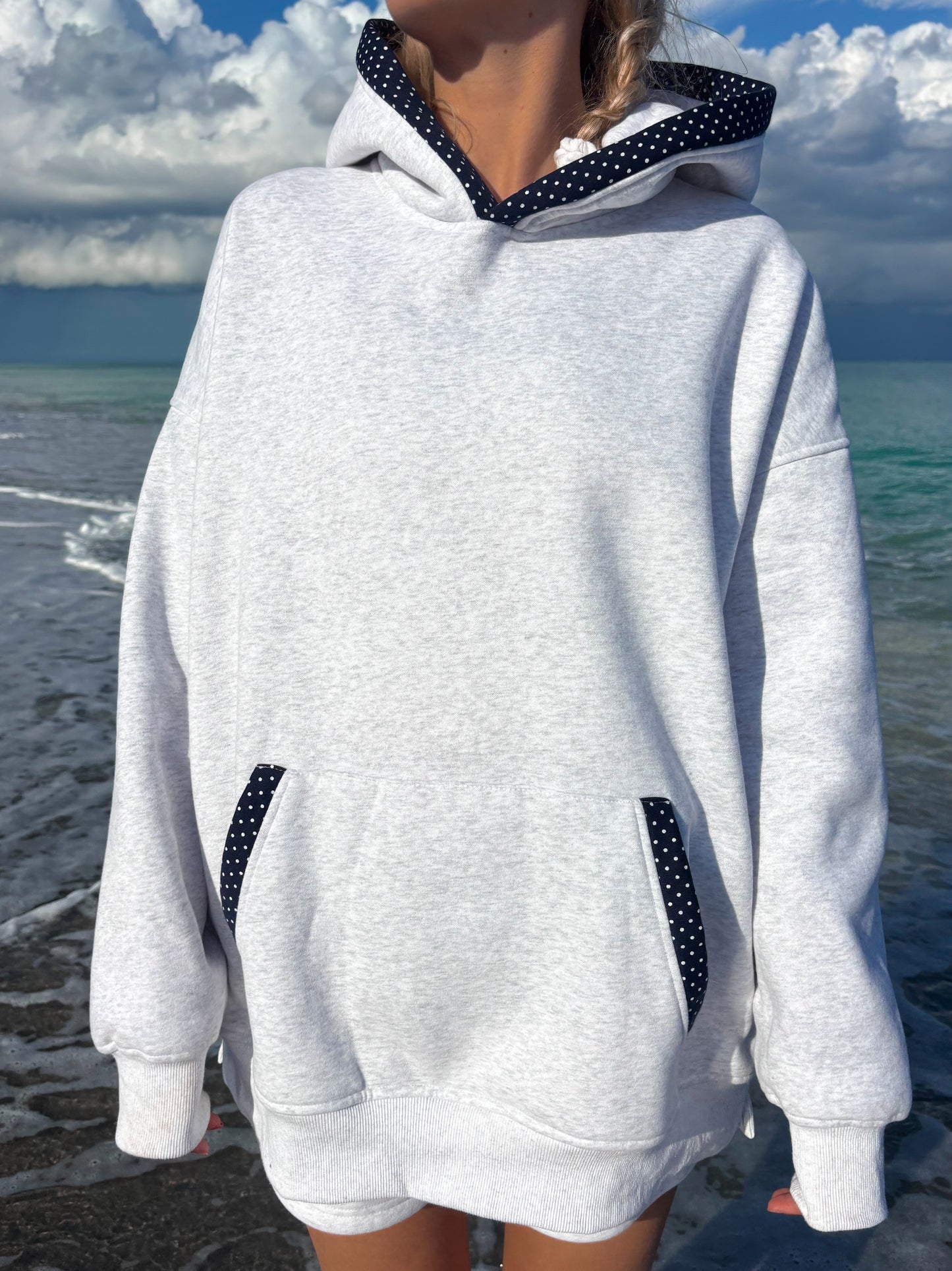 Pearl Grey Navy Blue Polka Dot Hoodie