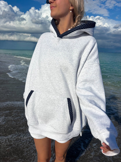 Pearl Grey Navy Blue Polka Dot Hoodie