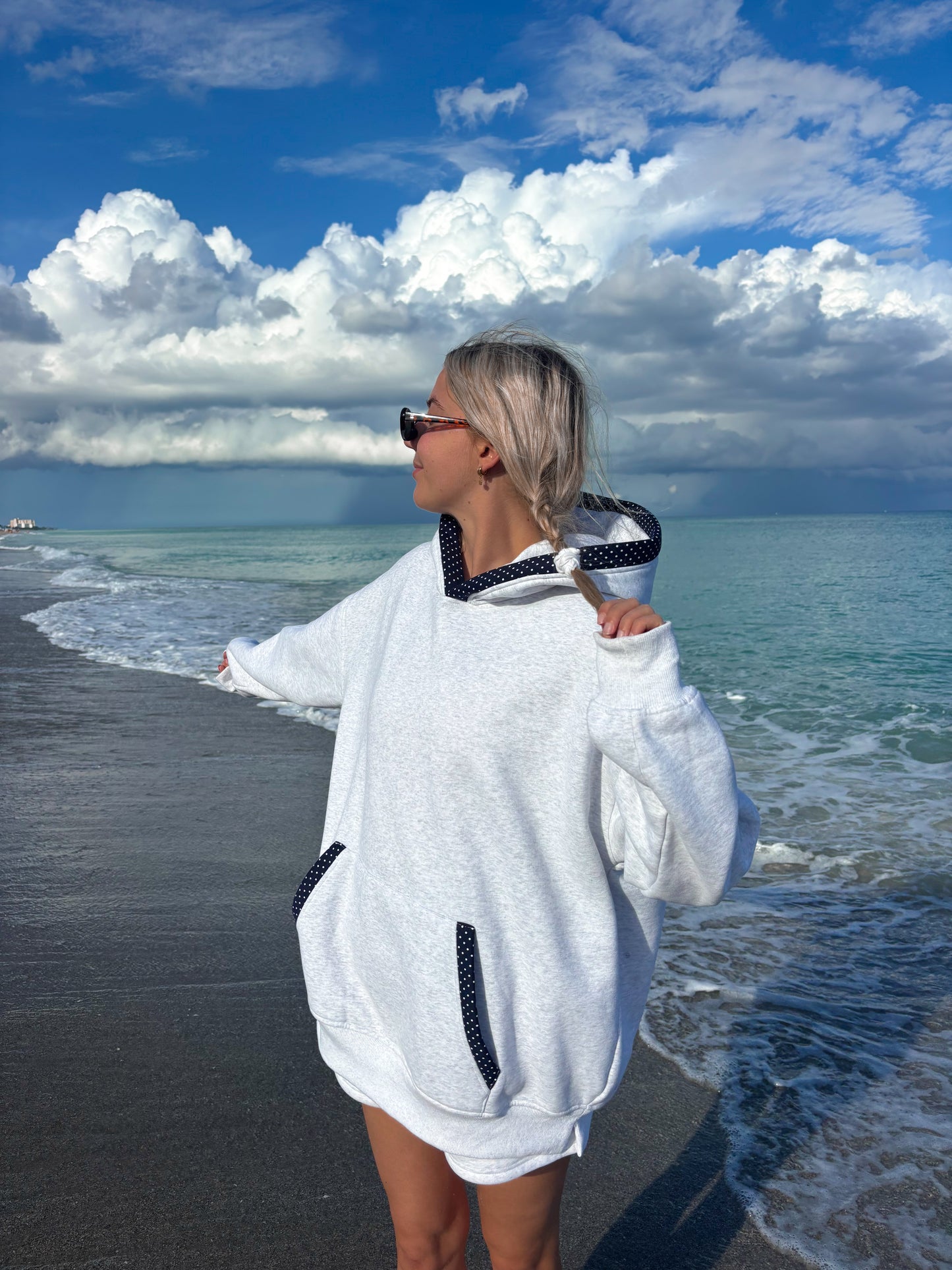 Pearl Grey Navy Blue Polka Dot Hoodie