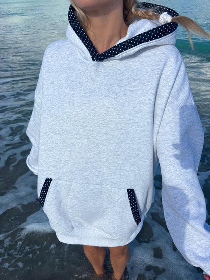 Pearl Grey Navy Blue Polka Dot Hoodie