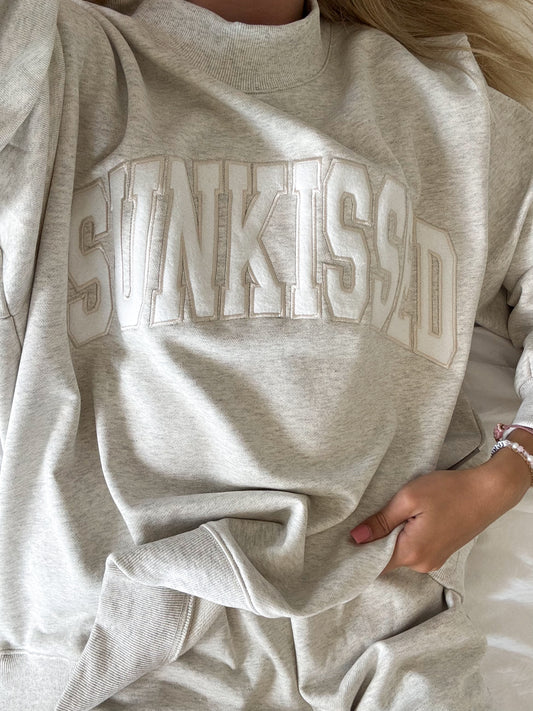 Oat Milk Grey Varsity Sunkissed Embroidered Mockneck Sweatshirt 100% Cotton