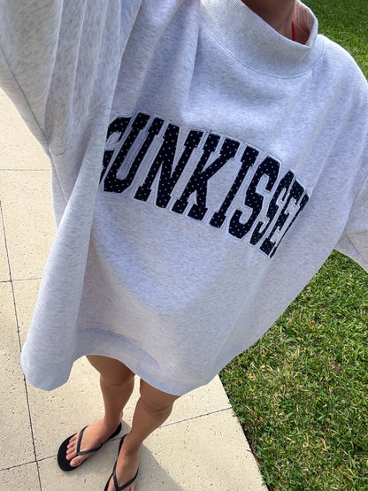 Pearl Grey Navy Blue Polka Dot SUNKISSED Mockneck Sweatshirt